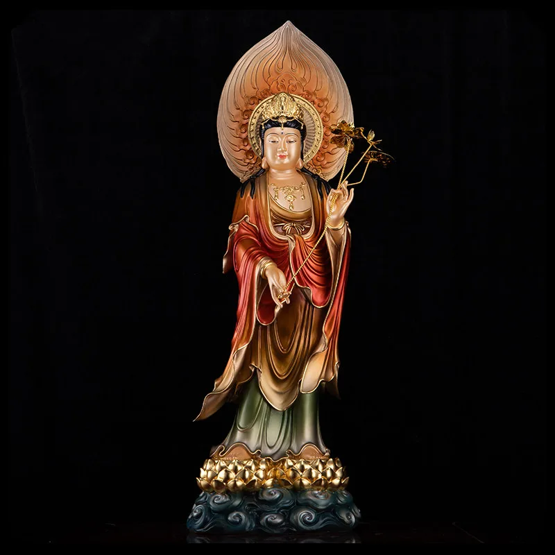Estátua de Mahasthamaprapta em latão com pintura mineral