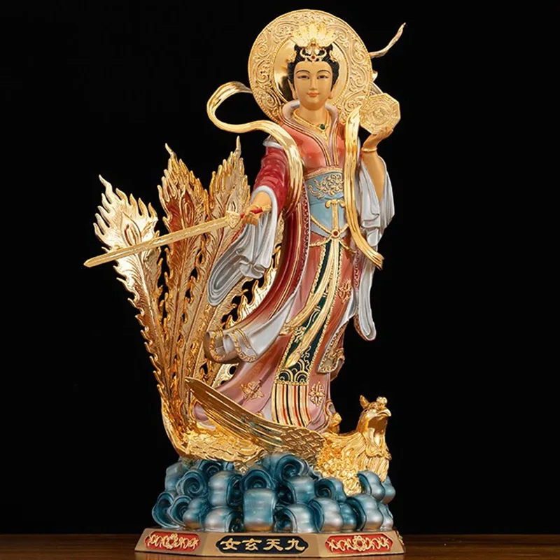 Estátua de Jiutian Xuannu em latão maciço pintado de dourado